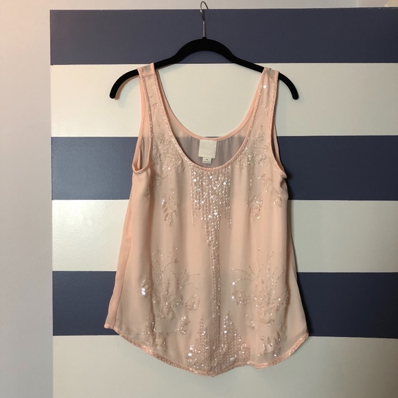 Pale Pink Beaded Sequined Tank Top Blouse